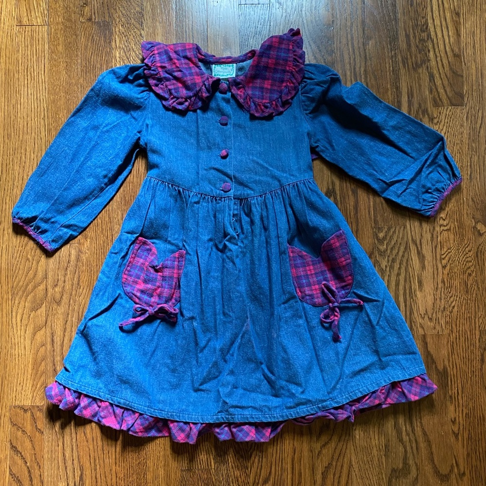 Vintage Kate Greenaway Girl’s Size 5 Denim Plaid Flannel Dress Collar USA Cotton